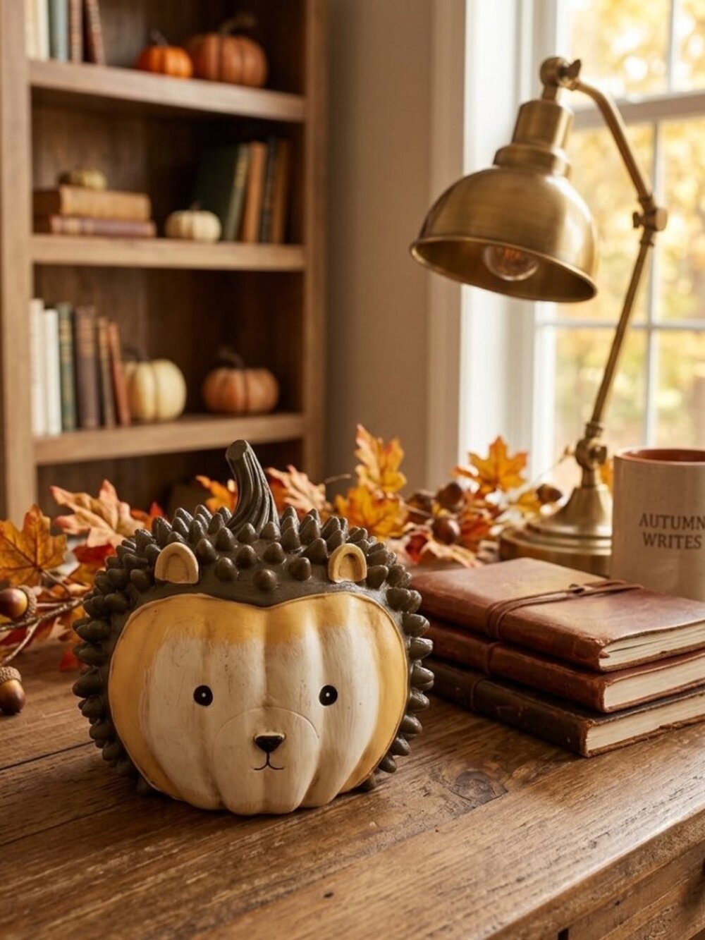 Resin Hedgehog Pumpkin Figurine Autumn Woodland Creature Desktop Decor